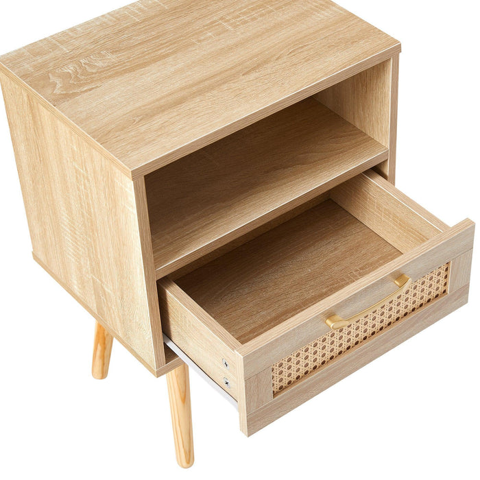 15.75" Rattan End table with drawer and solid wood legs, Modern nightstand, side table for living room, bedroom,natural - DTYStore