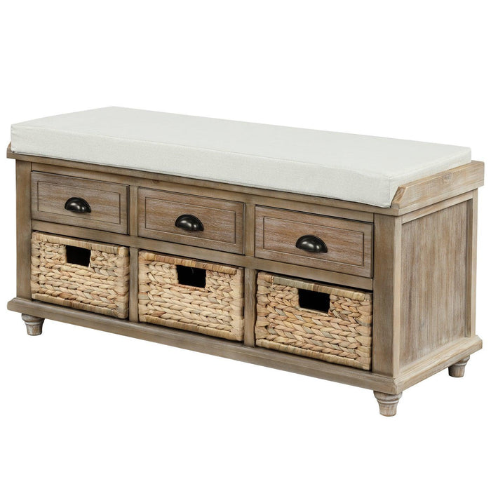 Rustic Storage Bench with 3 Drawers and 3 Rattan Baskets, Shoe Bench for Living Room, Entryway