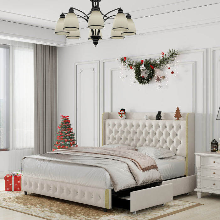 Queen size bed frame with 4 drawers, Star Projector Galaxy Light, Wingback Upholstered Headboard with Diamond Button, USB Charger and music speaker, PU Leather - DTYStore