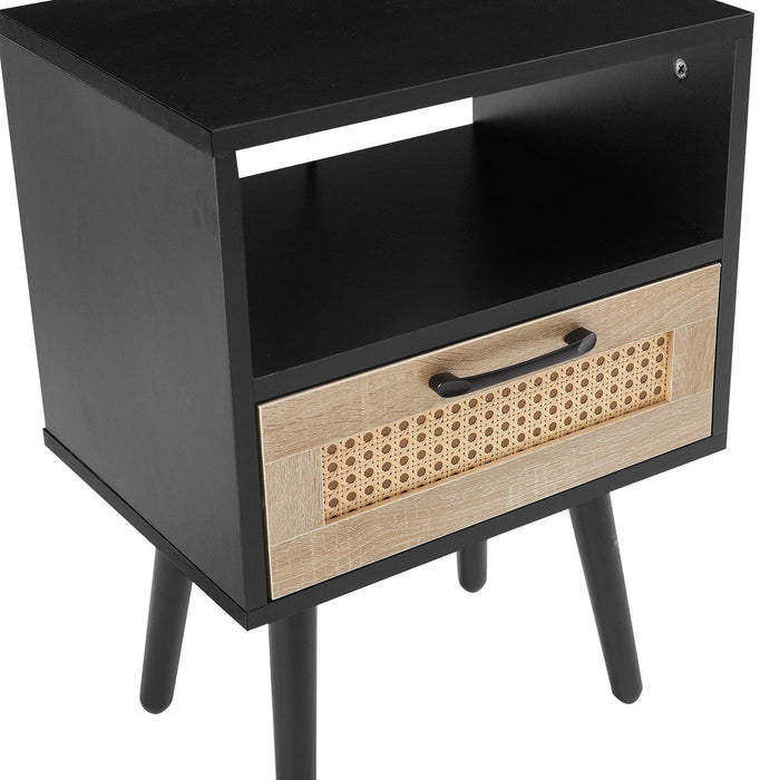 15.75" Rattan End table with drawer and solid wood legs, Modern nightstand, side table for living room, bedroom, black - DTYStore