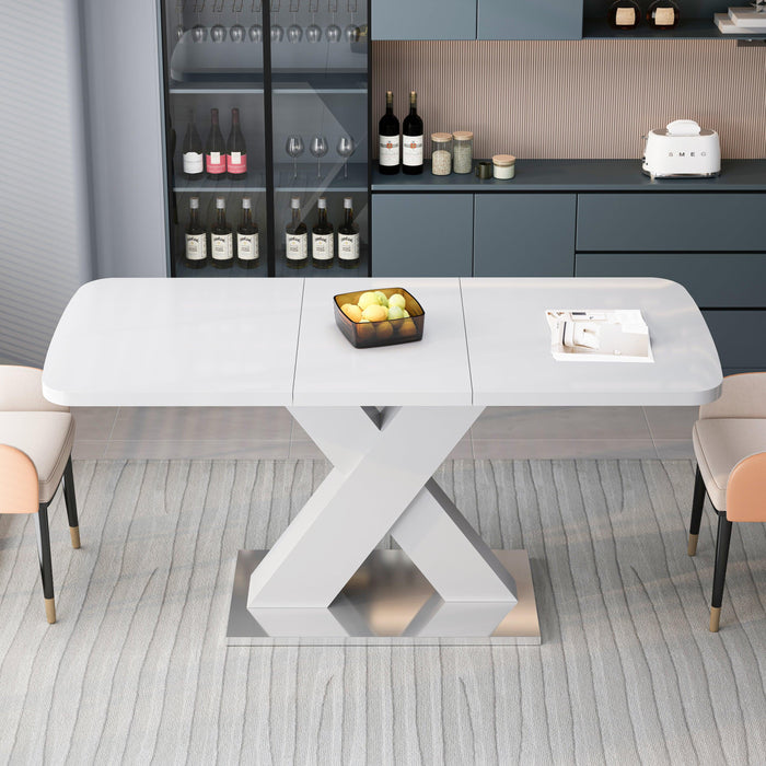 Modern Square Dining Table, Stretchable, White Table Top+MDF X-Shape Table Leg with Metal Base