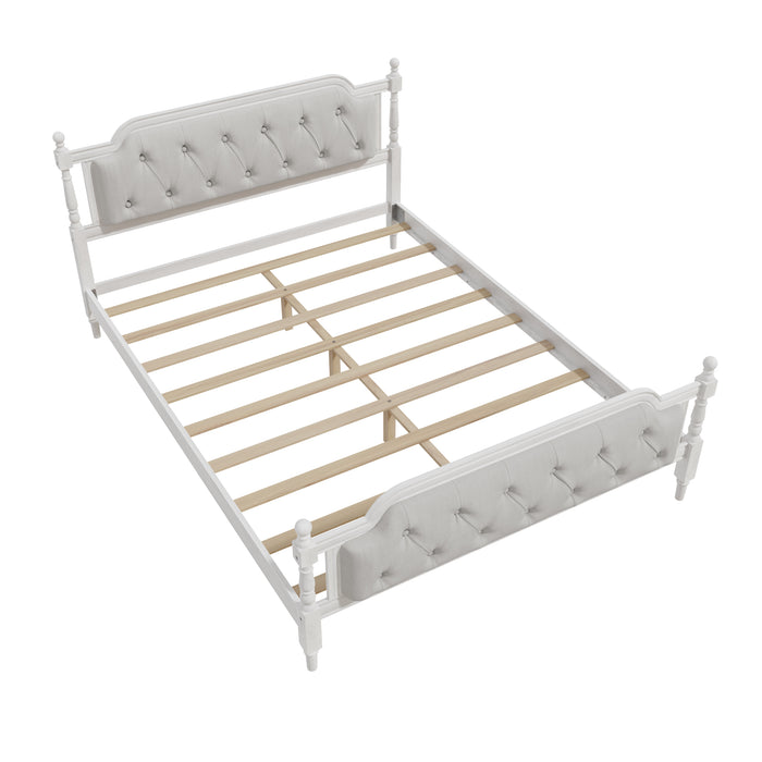 Traditional Style Solid Wood Bed Frame with Upholstered Tufted Headboard,No Box Spring Needed,Queen Size, Antique White - DTYStore