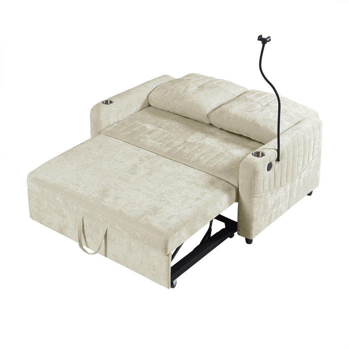 53.9" Modern Loveseat Pull-out Sofa Bed with Adjustable Backrest, Two Cup Holders , a Phone Holder, Three Charging Ports and Side Storage Pockets for Living Room, Beige