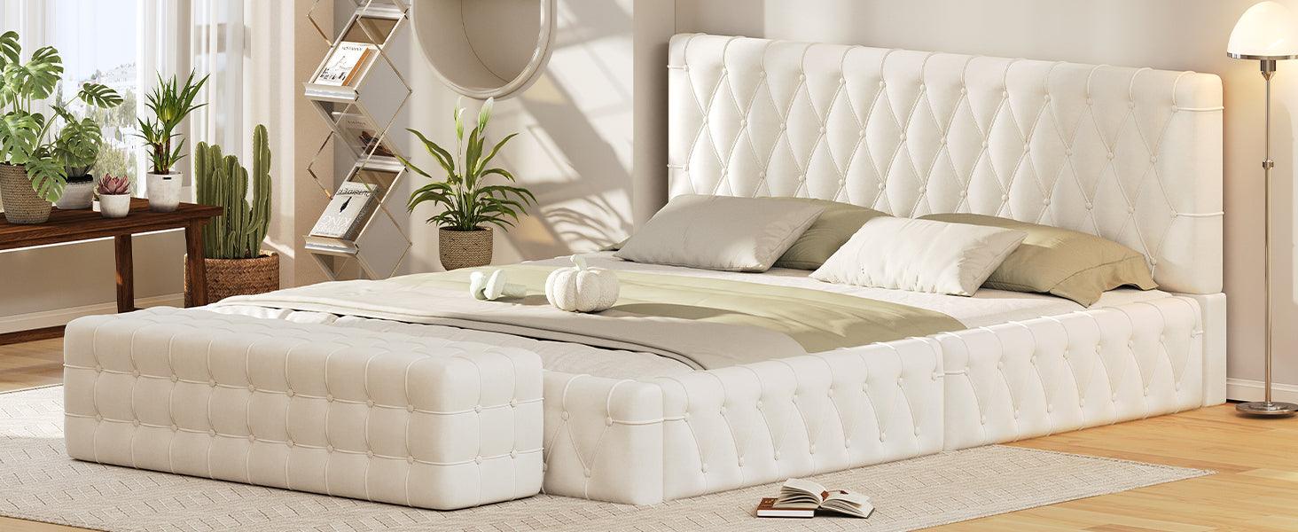 2-Pieces Bedroom Sets Queen Size Upholstered Bed with Rectangular Upholstered Ottoman for Bedroom,White