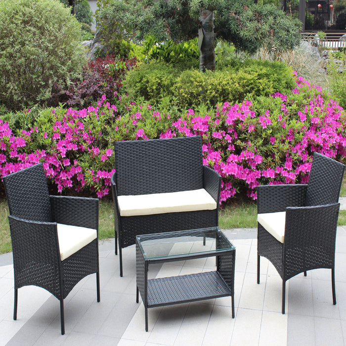 4 PC Rattan Patio Furniture Set Outdoor Patio Cushioned Seat Wicker Sofa (Beige Cushion) - DTYStore