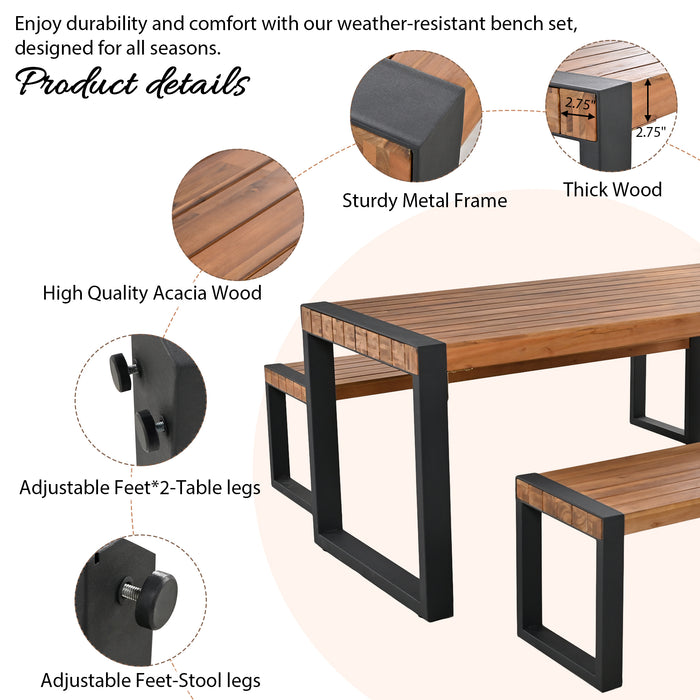 GO 3-pieces Outdoor Dining Table With 2 Benches, Patio Dining Set With Unique Top Texture, Acacia Wood Top & Steel Frame, All Weather Use, For Outdoor & Indoor, Natural - DTYStore