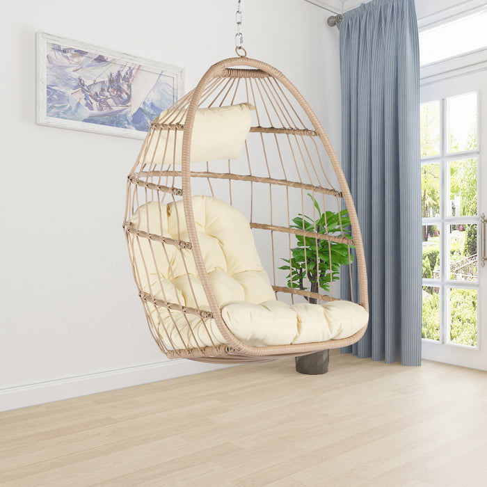 Outdoor Garden Rattan Egg Swing Chair Hanging Chair Wood+Khaki - DTYStore