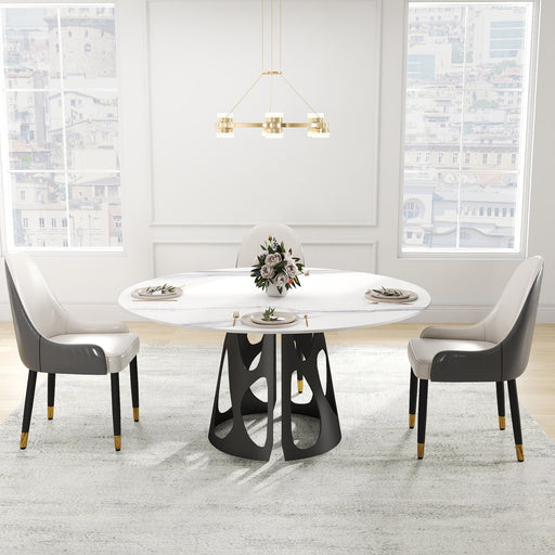 59.05" Round Marble Dining Table with Black Iron Metal Base, Artificial Marble for 6-8 People, Dining Room/Living Room Kitchen Dining Table,White (Dining Table Only) - DTYStore