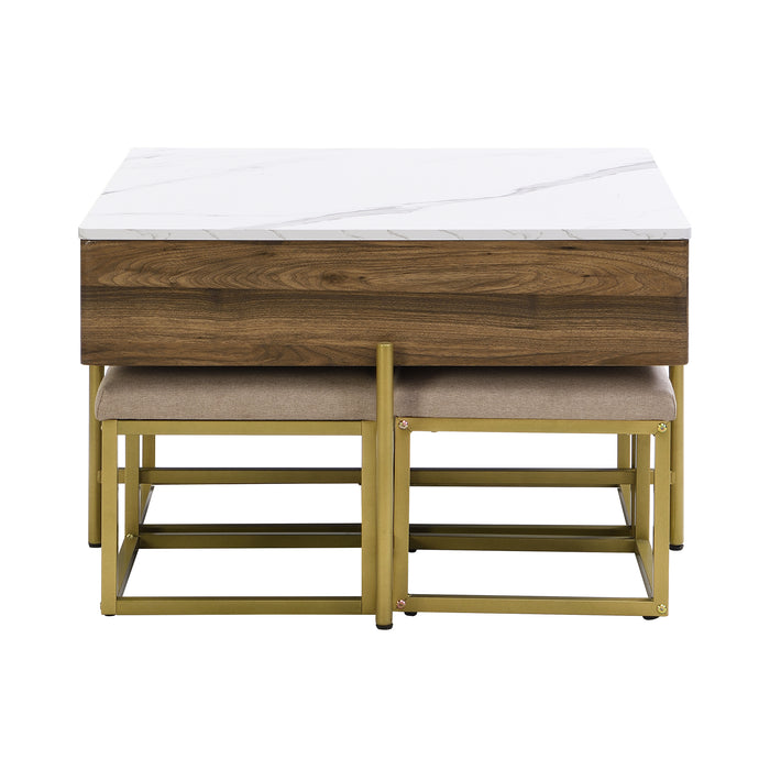 Modern Square Lift-Top Coffee Table Set with Storage & 4 Ottomans White & Walnut - DTYStore