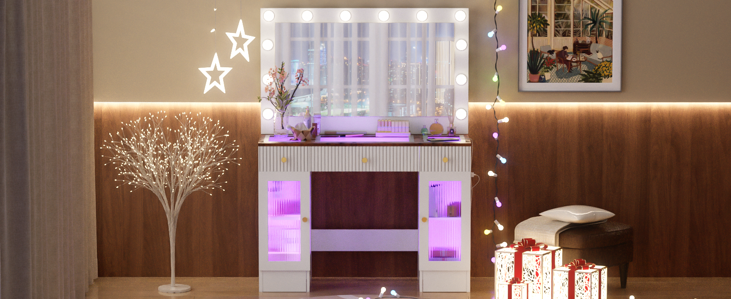 43.3' Vanity Desk with Large Mirror and Hollywood Bulbs, Modern Glass Top Makeup Vanity with Drawers and Power Outlet, Large Dressing Table with 3 Color Lighting Modes & RGB Cabinets for Bedroom - DTYStore