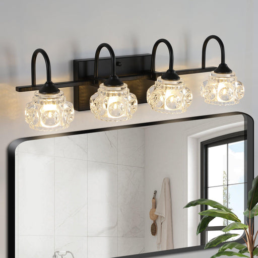 Retro 4-Light Bathroom Vanity Light Fixture - Black Finish with Crystal Glass Shades, Wall Mounted Lighting for Bathroom, Powder Room, and Vanity Mirror (No Bulbs) - DTYStore