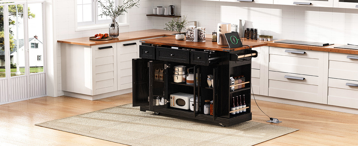 53'' Farmhouse Kitchen Island with Two Tempered Glass Cabinet Doors, Power Outlet, Rolling Kitchen Cart on Wheels with Drop Leaf, 5 Open Side Racks, 3 Drawers, for Kitchen, Dining Room, Black - DTYStore