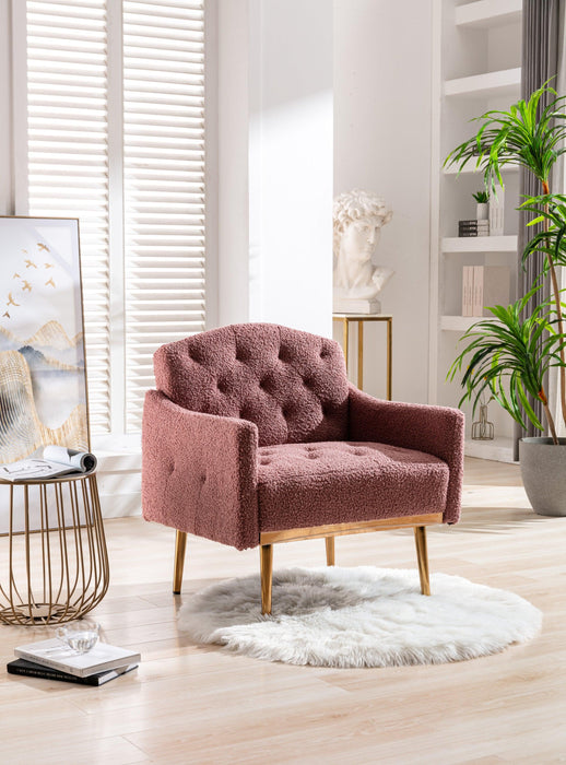 COOLMORE Modern Accent Chair with Arms, Tufted Decorative Fabric Armchair with Gold Metal Legs, Upholstered Reading Chair for Living Room Bedroom Office (Brush Pink Teddy)