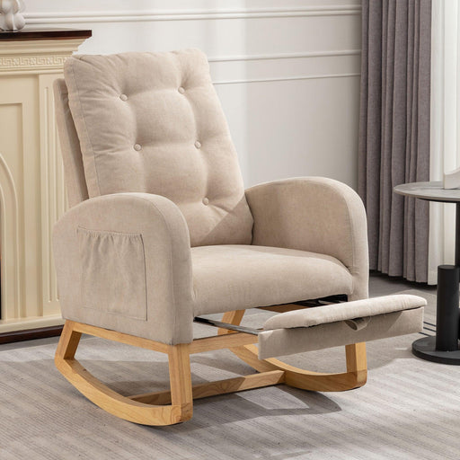 Accent Rocking Chair with Footrest High Back Rubber Wood Rocking Legs Bedroom Living Space 26.77D X 38.36W X 39.76H Inch - DTYStore