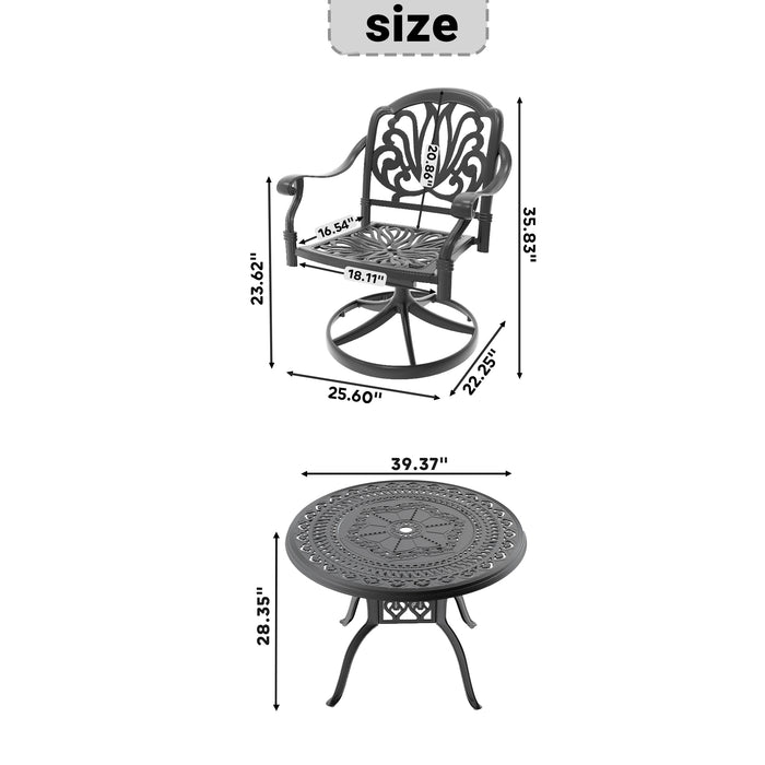 5-Piece All-Weather Cast Aluminum Dining Set, Include 4 Swivel Chairs and 39.37' Round Table With Black Frame - DTYStore