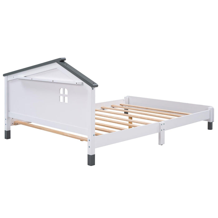 Full Size Wood Platform Bed with House-shaped Headboard (White+Gray)