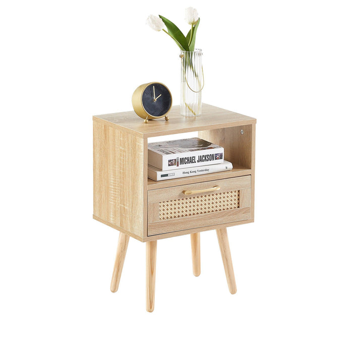 15.75" Rattan End table with drawer and solid wood legs, Modern nightstand, side table for living room, bedroom,natural - DTYStore