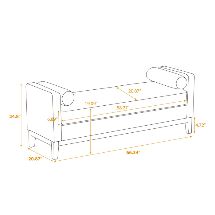 66.34"W Elegant Upholstered Bench,Daybed, Ottoman with Wood Legs & 2 Bolster Pillows for End of Bed, Bedroom, Living Room, Entryway,Black Boucle