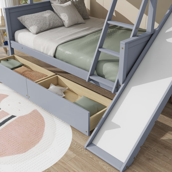 Twin over Full Bunk Bed with 2 Drawers, Slide, Shelves, Ladder, Rubber Wood Bunk Bed with Slide, Drawers,Grey(Old Sku:W504S00061) - DTYStore