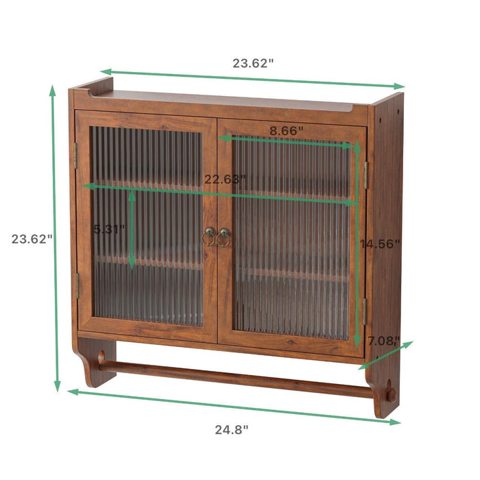 24.8"Glass Door Vintage Double Door Wall Cabinet with Three Tiers of Storage with Towel Rack, for Bathroom, Kitchen,Dining Room,Brown