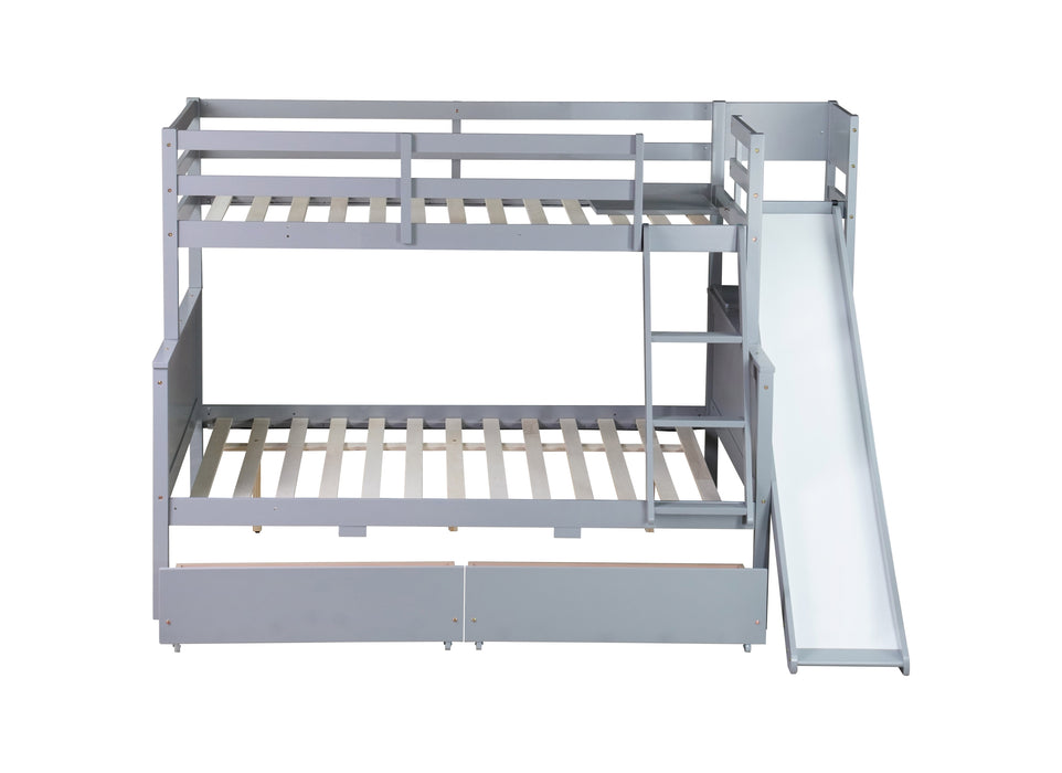 Twin over Full Bunk Bed with 2 Drawers, Slide, Shelves, Ladder, Rubber Wood Bunk Bed with Slide, Drawers,Grey(Old Sku:W504S00061) - DTYStore