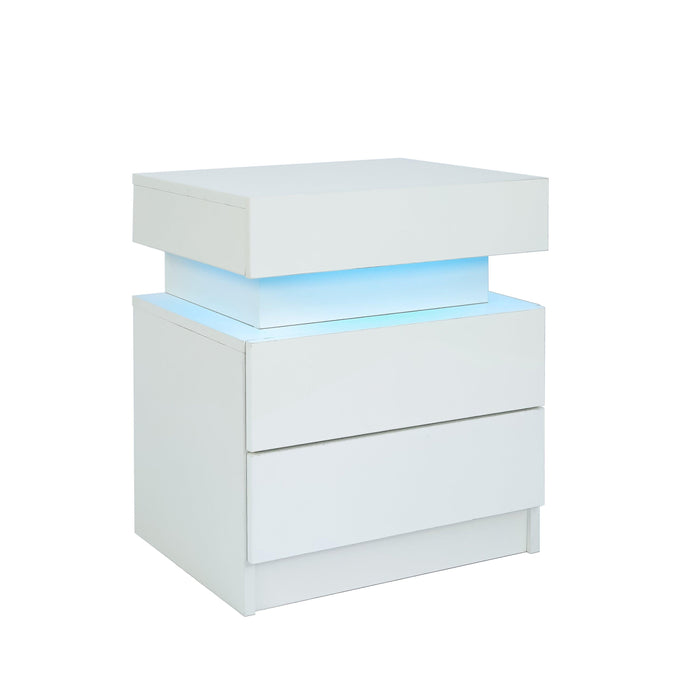 LED Nightstand Modern White Nightstand with Led Lights Wood Led Bedside Table Nightstand with 2 High Gloss Drawers for Bedroom