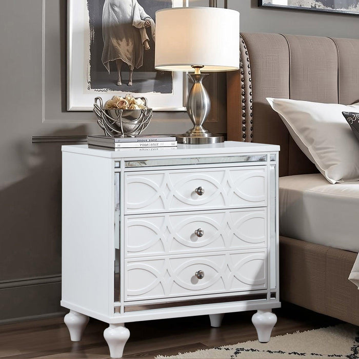 Contemporary Nightstands with mirror frame accents, Bedside Table with two drawers and one hidden drawer, End Table with Crystal Pull for Living Room,Bedroom, White