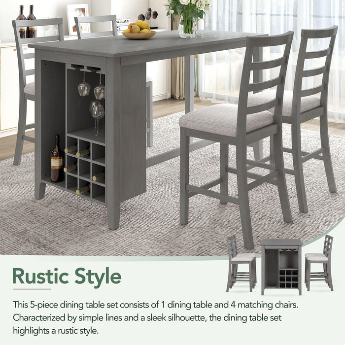 5-Piece Multi-Functional Rubber Wood Counter Height Dining Set with Padded Chairs and Integrated Wine Compartment