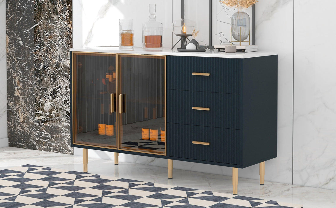 TREXM Modern Sideboard MDF Buffet Cabinet Marble Sticker Tabletop and Amber-yellow Tempered Glass Doors with Gold Metal Legs & Handles (Navy Blue)