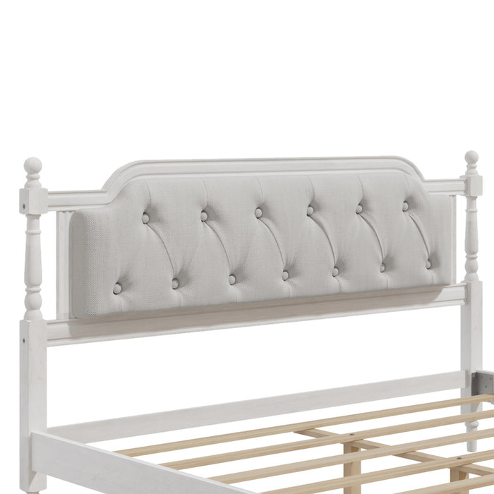 Traditional Style Solid Wood Bed Frame with Upholstered Tufted Headboard,No Box Spring Needed,Queen Size, Antique White - DTYStore
