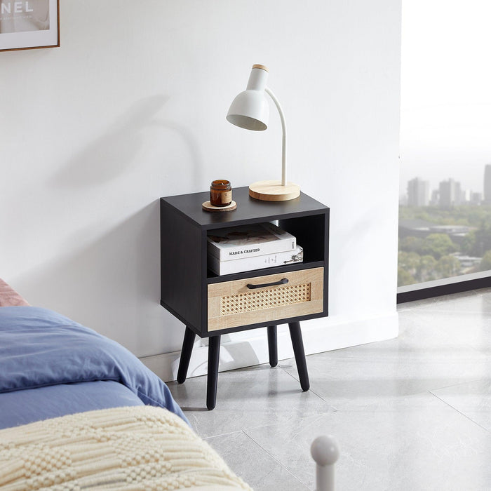 15.75" Rattan End table with drawer and solid wood legs, Modern nightstand, side table for living room, bedroom, black - DTYStore