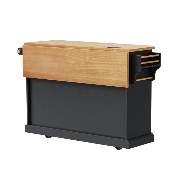 56 inch Kitchen Island with Rubber Wood Veneer Drop Leaf, Power Outlet, 4 Door Shelves, Embossed Vertical Stripe Rolling Kitchen Cart on 4 Wheels with 6 Deep Drawers for Kitchen, Dining Room,Black - DTYStore