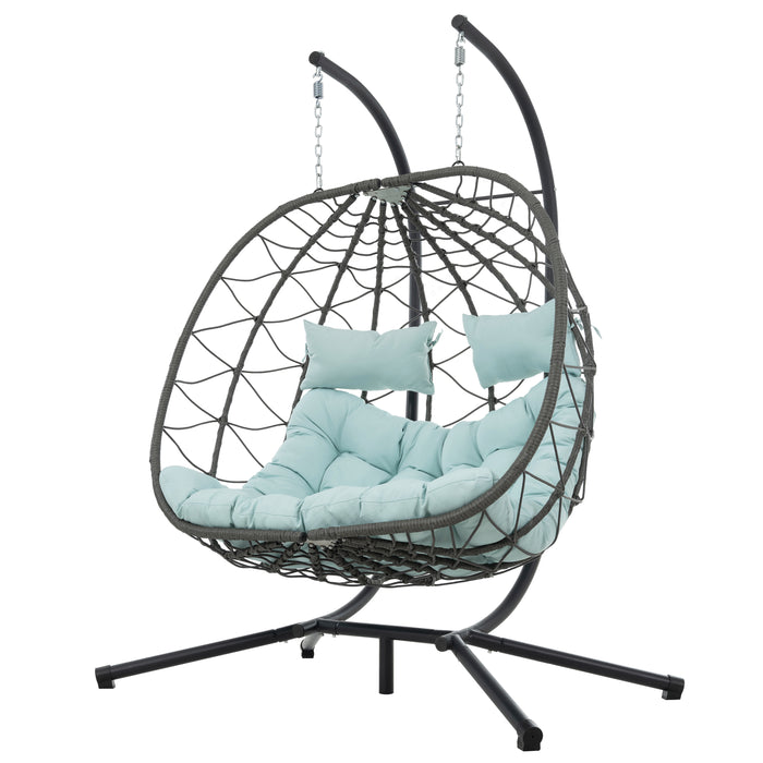2 Persons Egg Chair with Stand Indoor Outdoor Swing Chair Patio Wicker Hanging Egg Chair Hanging Basket Chair with Stand for Bedroom Living Room Balcony - DTYStore