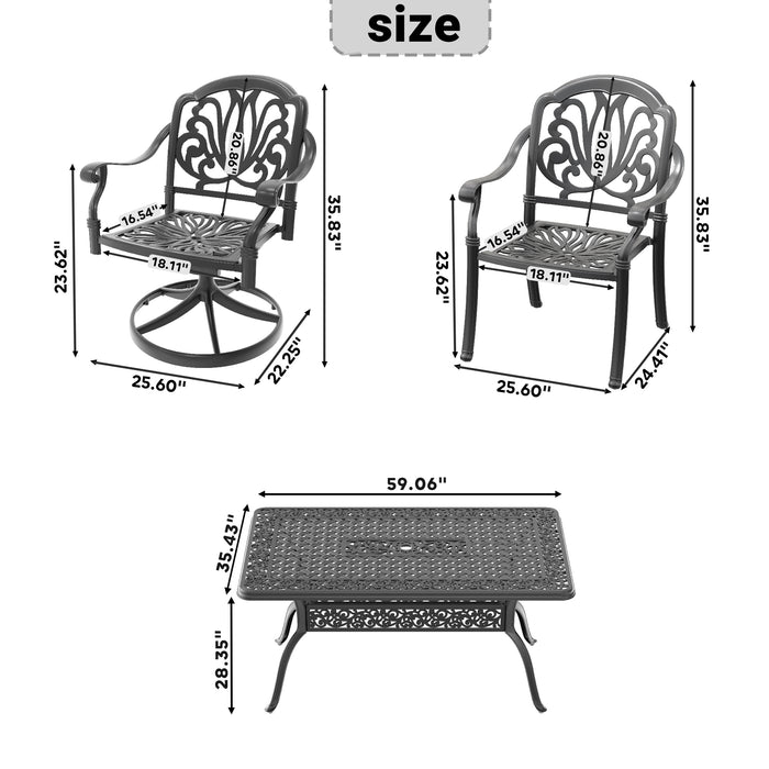 7-Piece All-Weather Cast Aluminum Dining Set, Include 2 Swivel Chairs,4 Dining Chairs and Rectangular Table With Black Frame - DTYStore