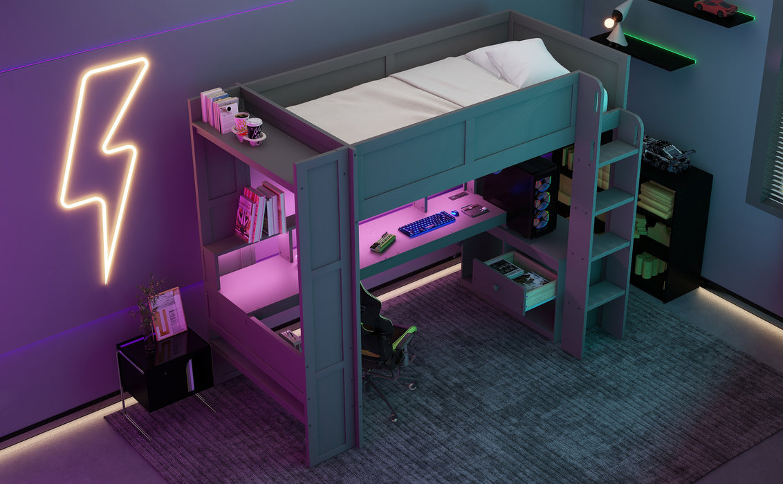 Wood Twin Size Gaming Loft Bed with Desk, Multi-storage Shelves, LED and Charging Station, Dark Gray - DTYStore