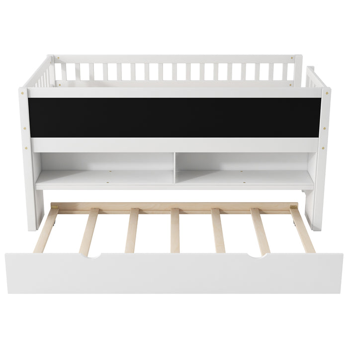 Twin Size Wood Low Loft Bed with Storage Shelves, Blackboard and Trundle, White - DTYStore
