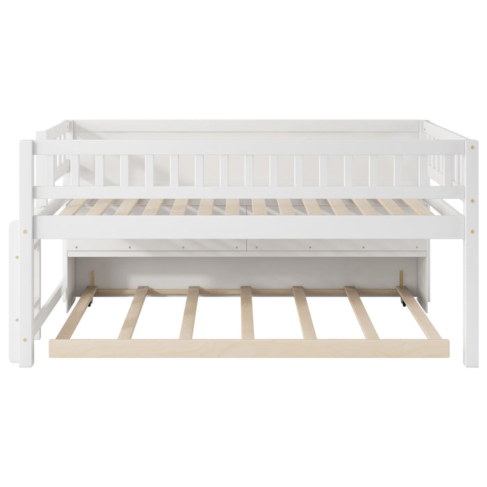 Twin Size Wood Low Loft Bed with Storage Shelves, Blackboard and Trundle, White - DTYStore