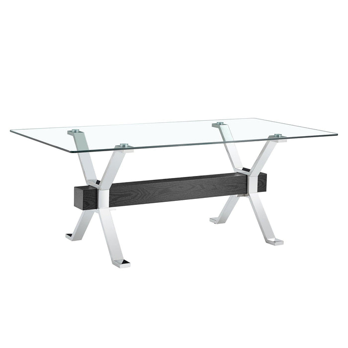 Dining table. Modern tempered glass dining table. Large modern office desk with silver plated metal legs and MDF crossbars, suitable for both home and office use. Kitchen. 79 ''x39''x30 '' 1105