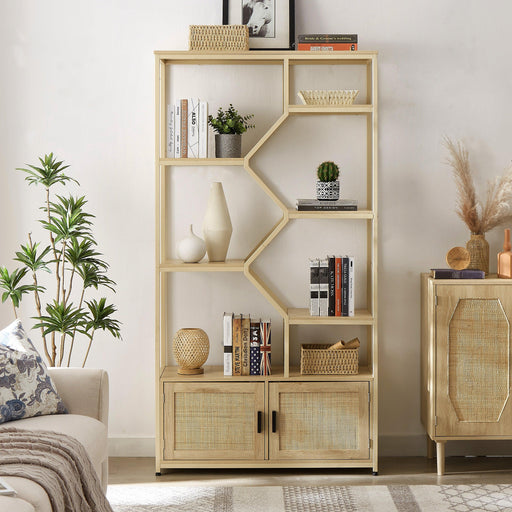 Rattan bookshelf 7 tiers Bookcases Storage Rack with cabinet for Living Room Home Office, Natural, 39.4'' W x 13.8'' D x 75.6'' H. - DTYStore