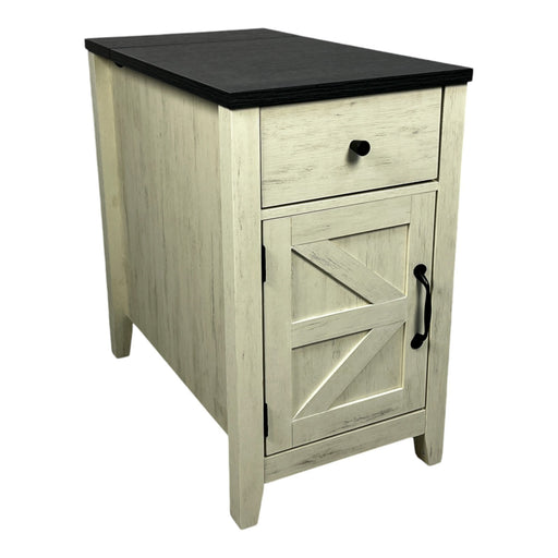 Farmhouse End Table Bedside Table with Charging Station,Night Stand with Barn Door and Drawer, Storage for Bedroom Living Room ,Bedside Table, White+Black color - DTYStore