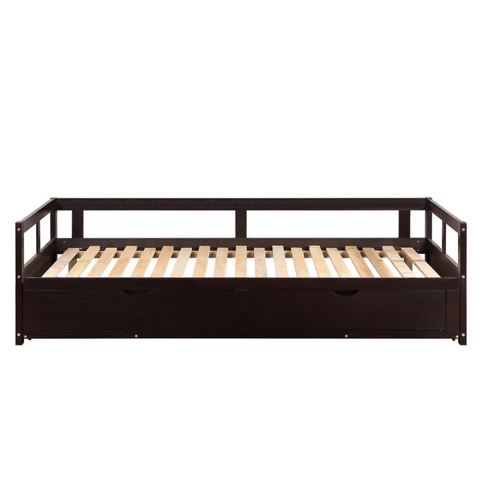 Wooden Daybed with Trundle Bed and Two Storage Drawers , Extendable Bed Daybed,Sofa Bed for Bedroom Living Room,Espresso - DTYStore