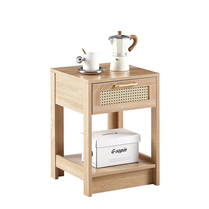 15.75" Rattan End table with drawer, Modern nightstand, side table for living room, bedroom,natural - DTYStore