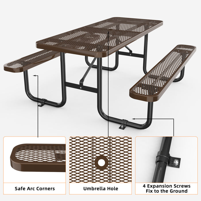72' Expanded Metal Rectangular Picnic Table, Brown - DTYStore