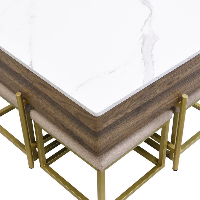 Modern Square Lift-Top Coffee Table Set with Storage & 4 Ottomans White & Walnut - DTYStore