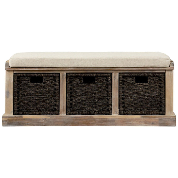 Rustic Storage Bench with 3 Removable Classic Rattan Baskets and Cushion