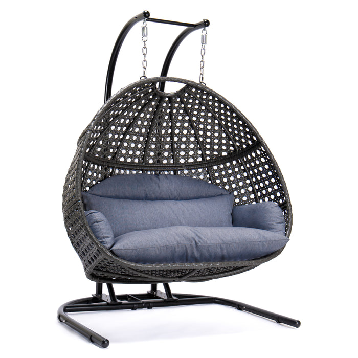Charcoal Wicker Hanging Double-Seat Swing Chair with Stand w/Dust Blue Cushion - DTYStore