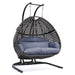 Charcoal Wicker Hanging Double-Seat Swing Chair with Stand w/Dust Blue Cushion - DTYStore