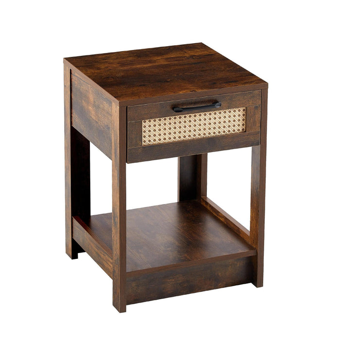 15.75" Rattan End table with drawer, Modern nightstand, side table for living room, bedroom,Rustic Brown