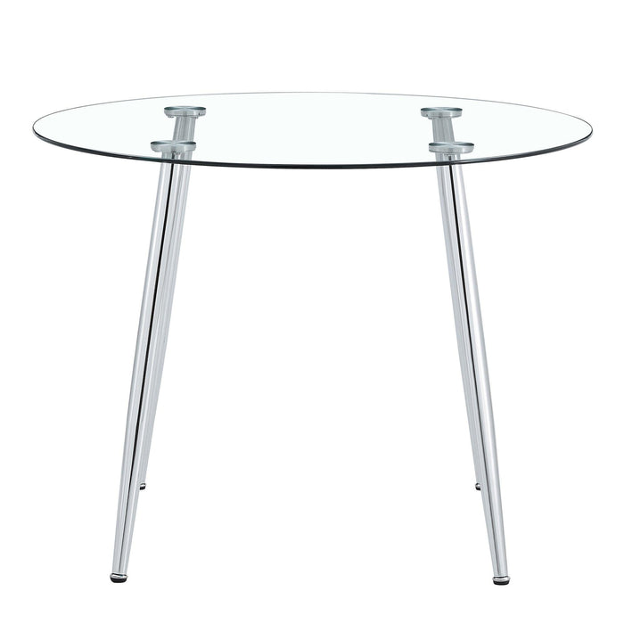 A glass tabletop with a diameter of 40 inches and a modern minimalist circular dining table with electroplated silver metal legs. Suitable for restaurants, living rooms, and conference rooms.