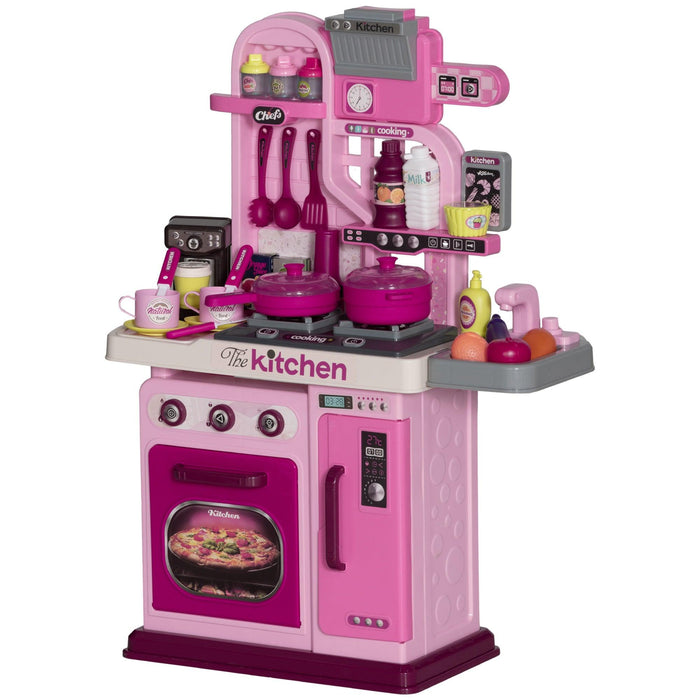 Play Kitchen, Kids Kitchen Playset Toy Kitchen with Lights, Sounds, 33 Accessories, Storage, Interactive Playset for Toddler 3-6 Years, Pink